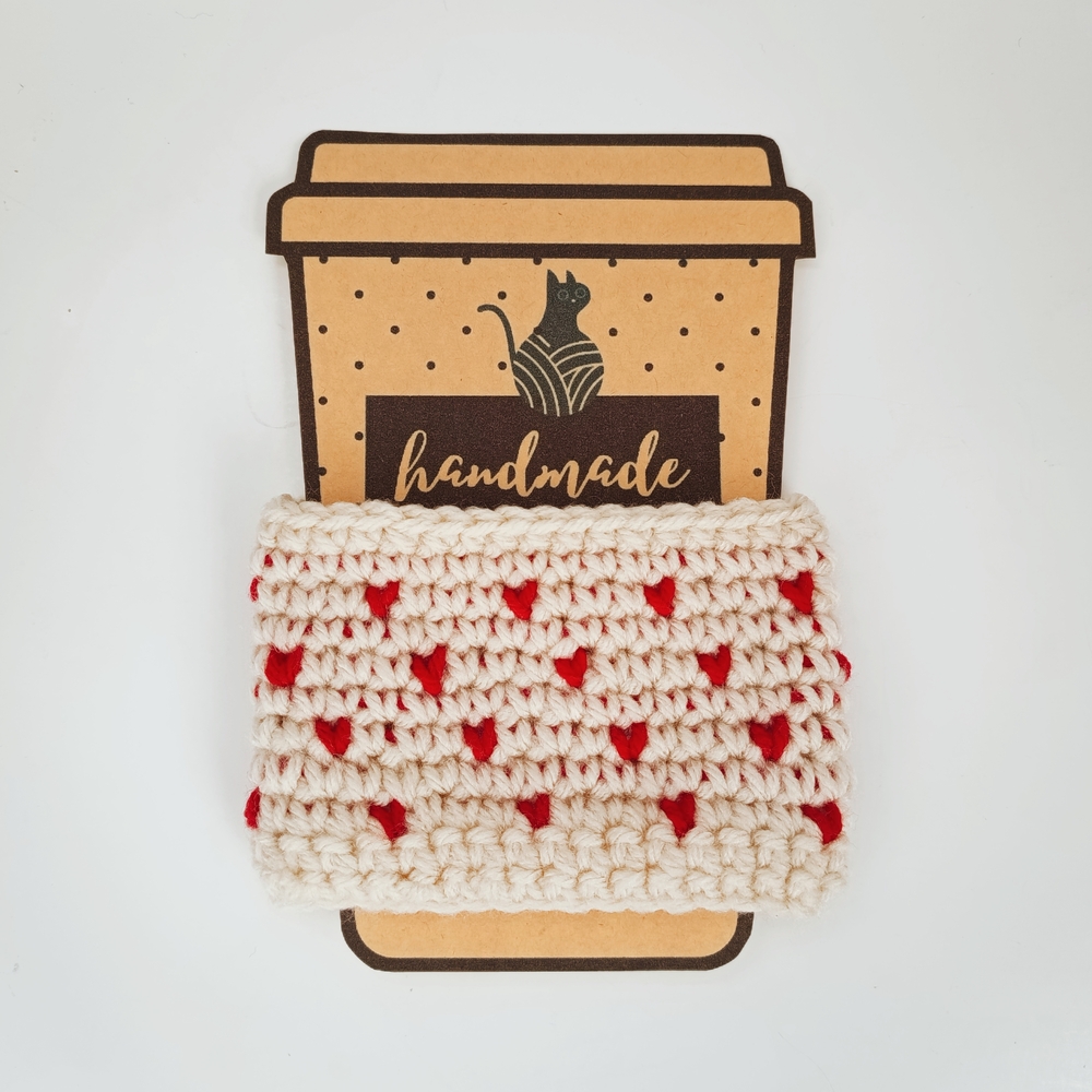 Crochet Cup Sleeve - Cream and ♥️